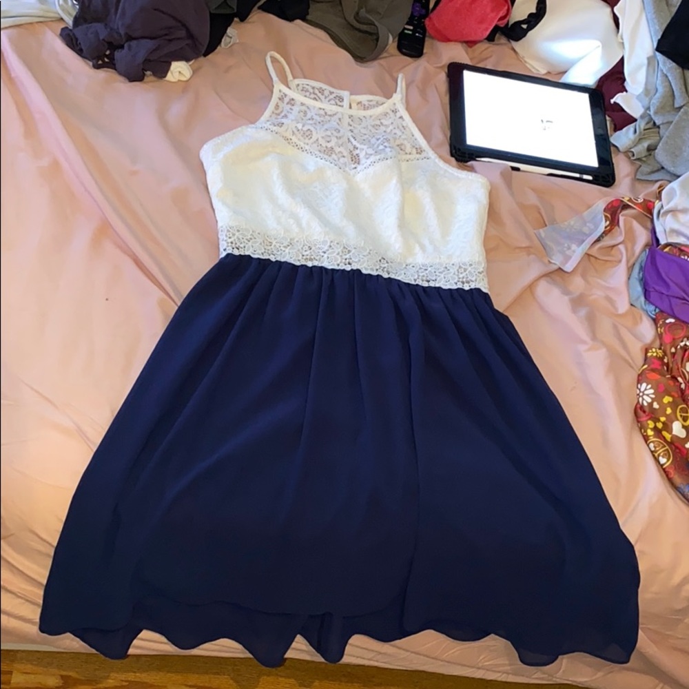 navy blue/white high low formal dress